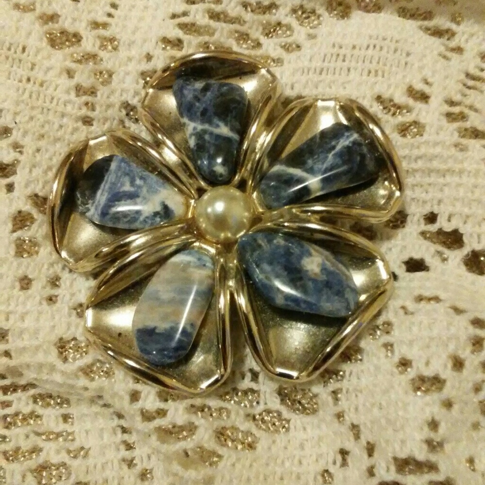 Large Silver & Stones Floral Brooch